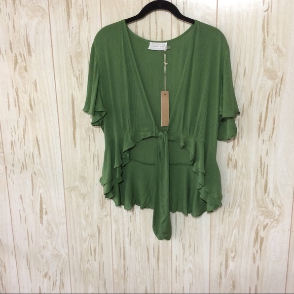 Mustard Seed Tops - Mustard Seed Green Tie Front Ruffle Hem Top L